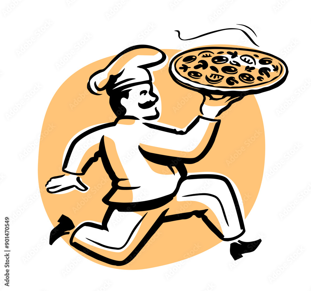 Running male chef with pizza on tray. Food delivery service logo. Restaurant, cafe menu emblem vector illustration Running male chef with pizza on tray. Food delivery service logo. Restaurant, cafe menu emblem vector illustration