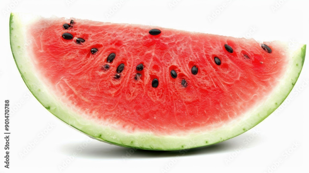 A juicy slice of watermelon, bright red with black seeds, beautifully contrasted on a white backdrop. A juicy slice of watermelon, bright red with black seeds, beautifully contrasted on a white backdrop.