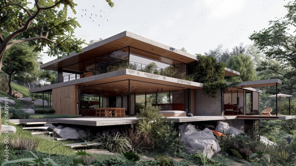 Write about the architectural design of an isolated house that harmonizes with its natural surroundings. Write about the architectural design of an isolated house that harmonizes with its natural surroundings.