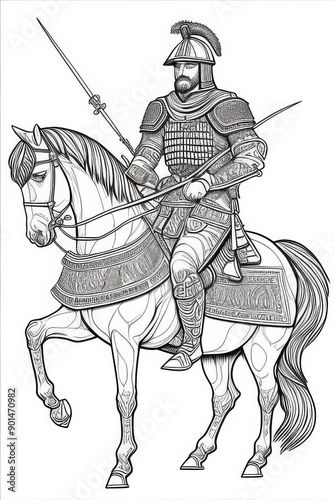 coloring book Hussar warrior, full body, hand drown line art