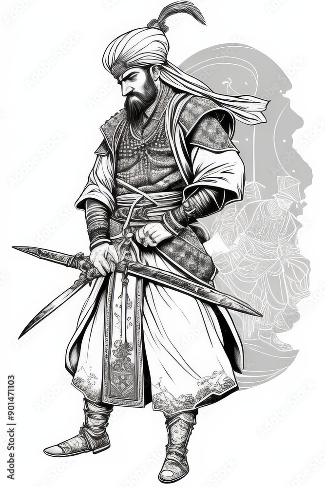 Obraz premium coloring book janissary warrior, full body, hand drown line art