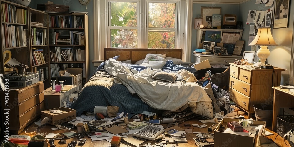 Cluttered Room with Unmade Bed Cluttered Room with Unmade Bed
