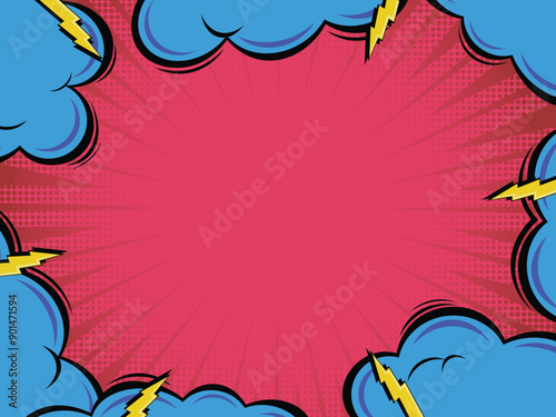 pink comic book background yellow flashes and blue clouds vector illustration in pop art style cartoon retro halftone effect