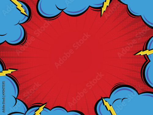 red comic book background yellow flashes and blue clouds vector illustration in pop art style cartoon retro halftone effect
