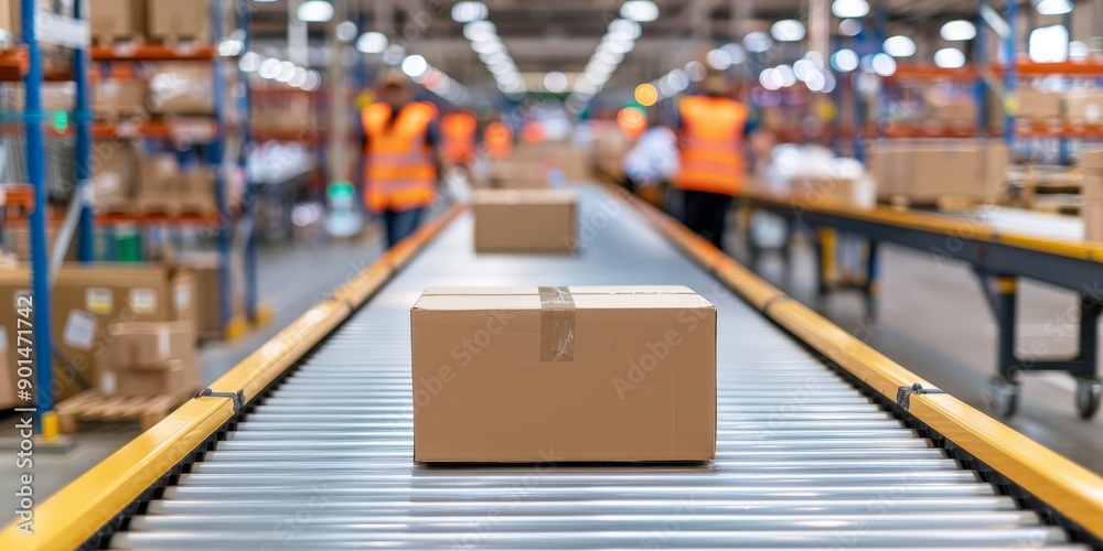 Obraz premium conveyor belt system in modern warehouse with blurred workers and boxes moving efficiently, logistics and shipping industry concept.