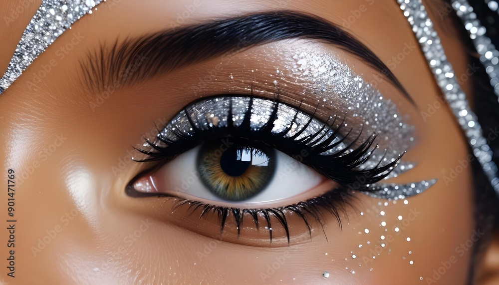 Enthralling close-up of an eye enveloped in sparkling silver glitter, highlighting the refined features and dazzling cosmetic application Enthralling close-up of an eye enveloped in sparkling silver glitter, highlighting the refined features and dazzling cosmetic application