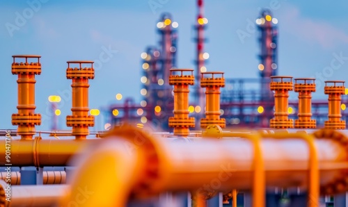 industrial refinery pipes and equipment at dusk with blurred background of processing towers and lights. photo