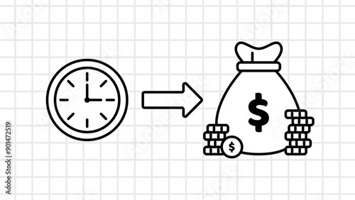 Illustration graphic of Time is Money in lineart whiteboard style. Suitable to place on business motivation content.