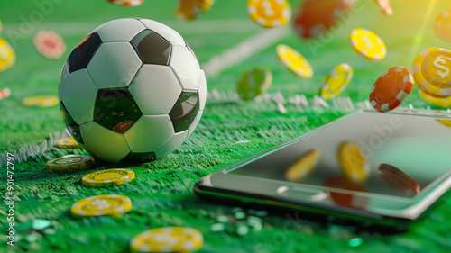 football ball  a mobile phone and coins  casino chips. photo