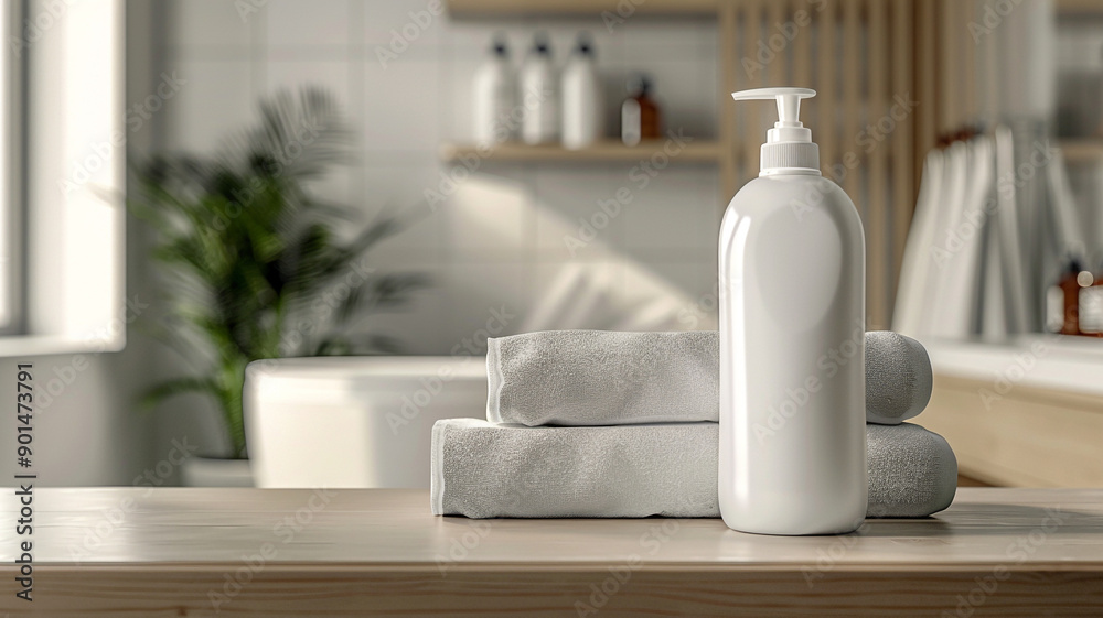 A white bottle of shampoo with stacked towels on a table against a blurred bathroom background, mock up for a design template A white bottle of shampoo with stacked towels on a table against a blurred bathroom background, mock up for a design template