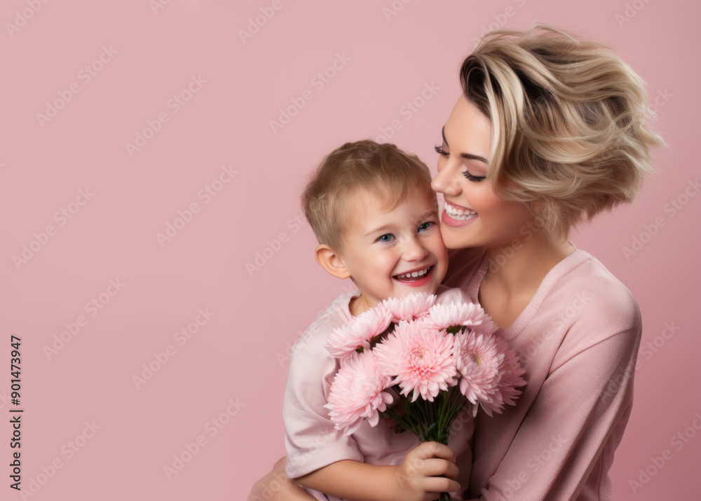 A Son's Gesture of Love: Flower for Mom Against a Baby Pink Background A Son's Gesture of Love: Flower for Mom Against a Baby Pink Background