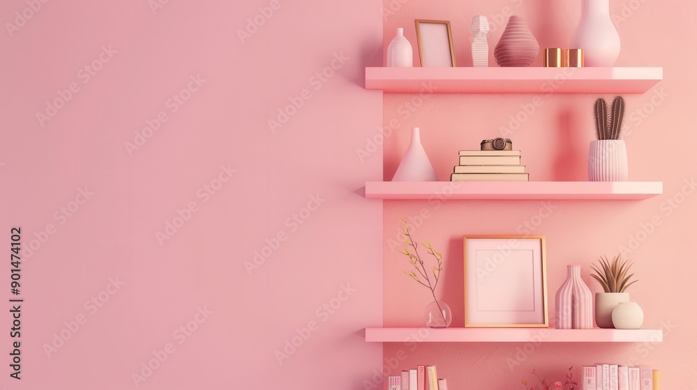 A shelf unit displays a variety of decorative items, including books and vases, creating a stylish and inviting atmosphere against a pastel backdrop. Generative AI A shelf unit displays a variety of decorative items, including books and vases, creating a stylish and inviting atmosphere against a pastel backdrop. Generative AI