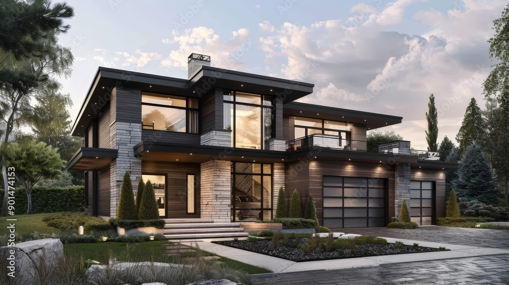 Write about the functional design elements of a contemporary house exterior. Describe integrated garages, multi-level terraces, Write about the functional design elements of a contemporary house exterior. Describe integrated garages, multi-level terraces,
