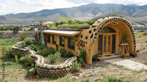 Write about the innovative materials used in constructing a small sustainable earthship house. Describe recycled tires, rammed earth walls, photo