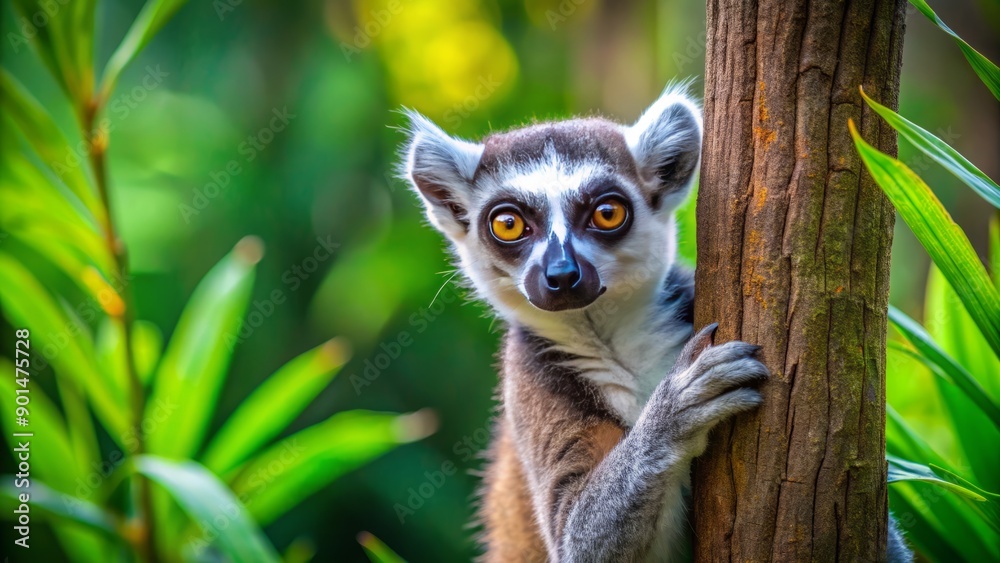 Vibrant ringtailed lemur peeks out from behind a lush green tree, its long tail curled around the trunk, set against a blurred forest background. Vibrant ringtailed lemur peeks out from behind a lush green tree, its long tail curled around the trunk, set against a blurred forest background.