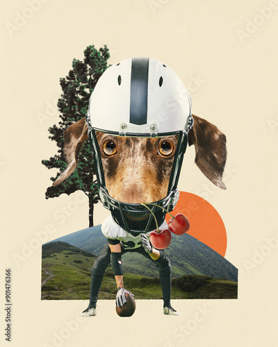 Contemporary art collage. Dog-headed football player wearing helmet, holding football with cherries hanging from its mouth against mountains. Concept of action, competition, fitness, summer rest. photo