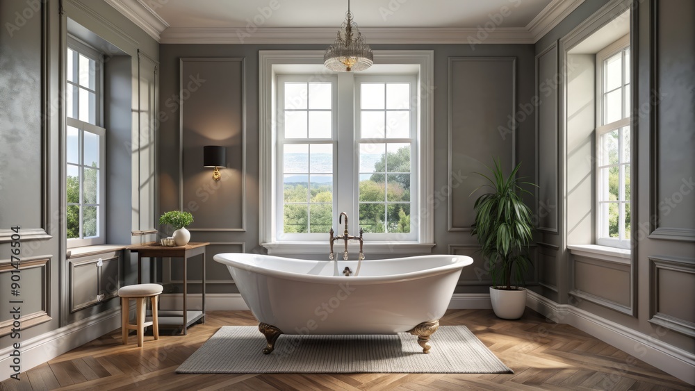 Elegant modern bathroom design in the UK features a lavish roll top bathtub, sleek gray walls, and a large window allowing natural light to flood the space.