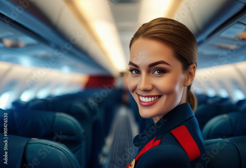 portrait of a stewardess with a beautiful and friendly smile in the aisle between the seats in a passenger seats
 photo