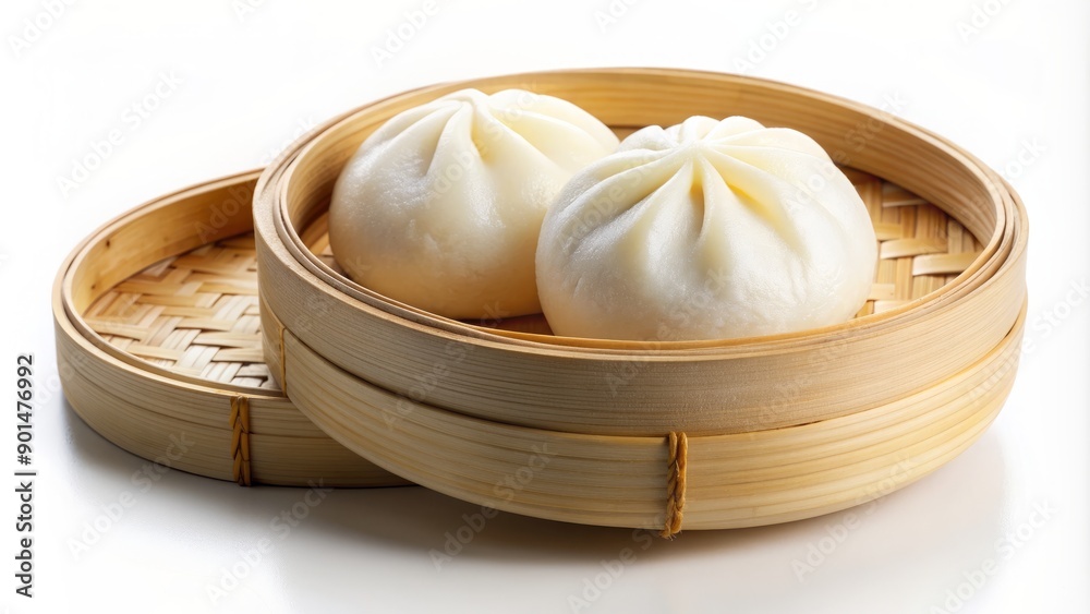 Delicate steamed custard bun nestled in a traditional bamboo basket, isolated on a clean white background, showcasing the soft, fluffy texture and goldenbrown color. Delicate steamed custard bun nestled in a traditional bamboo basket, isolated on a clean white background, showcasing the soft, fluffy texture and goldenbrown color.