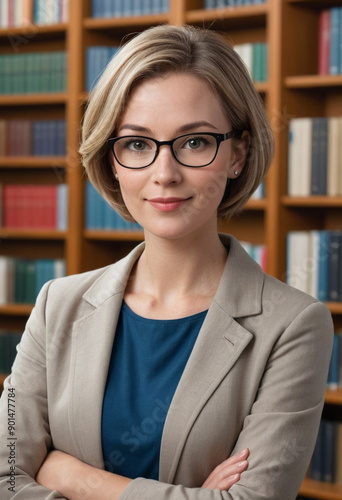 Portrait view of a regular Librarian , candid, social media, avatar image, plain solid background