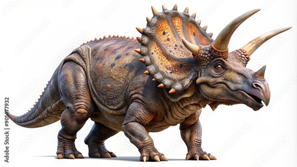 Fototapeta premium A prehistoric Triceratops dinosaur with distinctive frill and three horns stands alone on a transparent background, showcasing its massive body and ancient features.