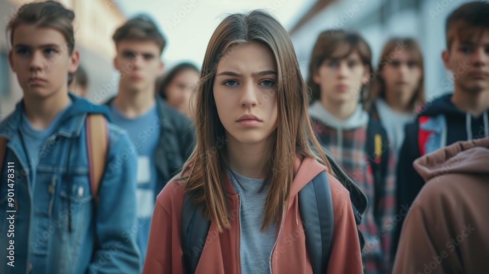 Fototapeta premium Group of Teenagers in a School Yard Expressing Gloomy Emotions
