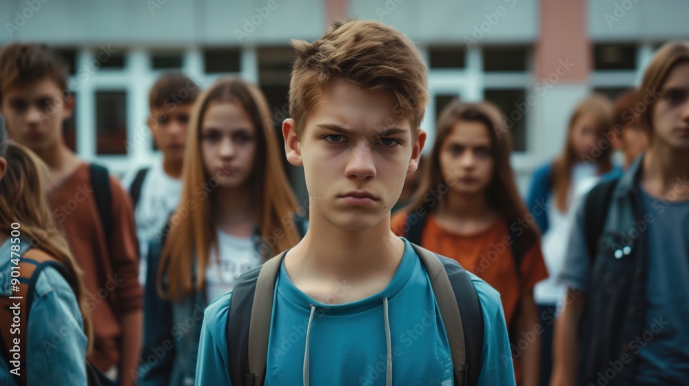 Fototapeta premium Gloomy Group of Teenage Students Standing in the Schoolyard