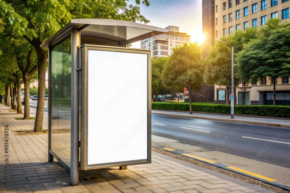 Empty street scene featuring a blank white vertical billboard at a bus stop, ready for custom branding, advertising, or design elements. Empty street scene featuring a blank white vertical billboard at a bus stop, ready for custom branding, advertising, or design elements.