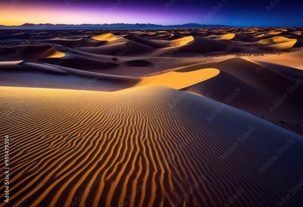 Naklejka premium vast desert dunes illuminated starlit sky endless sands celestial stars shining brightly, nighttime, horizon, landscape, arid, barren, night, serene, tranquil