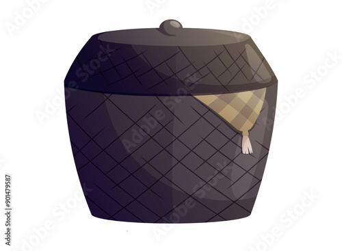 Decorative interior black basket with lid, with protruding corner of blanket. Vector isolated cartoon illustration.