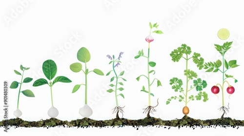 Diagram of a plant's life cycle, from seed germination to flowering and fruit production, illustrating each growth stage.