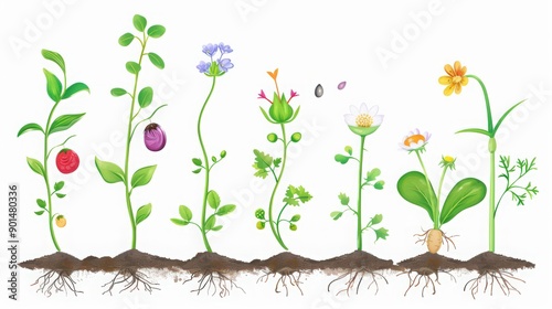 Diagram of a plant's life cycle, from seed germination to flowering and fruit production, illustrating each growth stage.
