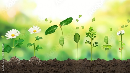 Diagram of a plant's life cycle, from seed germination to flowering and fruit production, illustrating each growth stage.