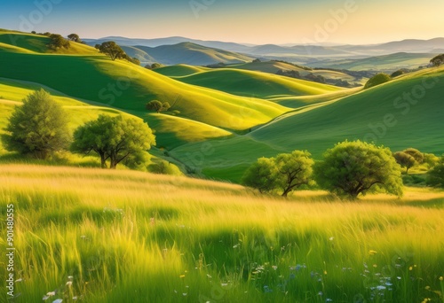 lush hillside grazing verdant rolling green serene pastoral peaceful nature setting, wildlife, landscape, scene, vegetation, flora, fauna, meadow, grassland