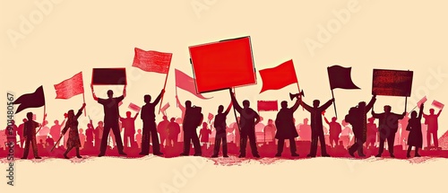 Silhouette of Protesters with Flags and Banners