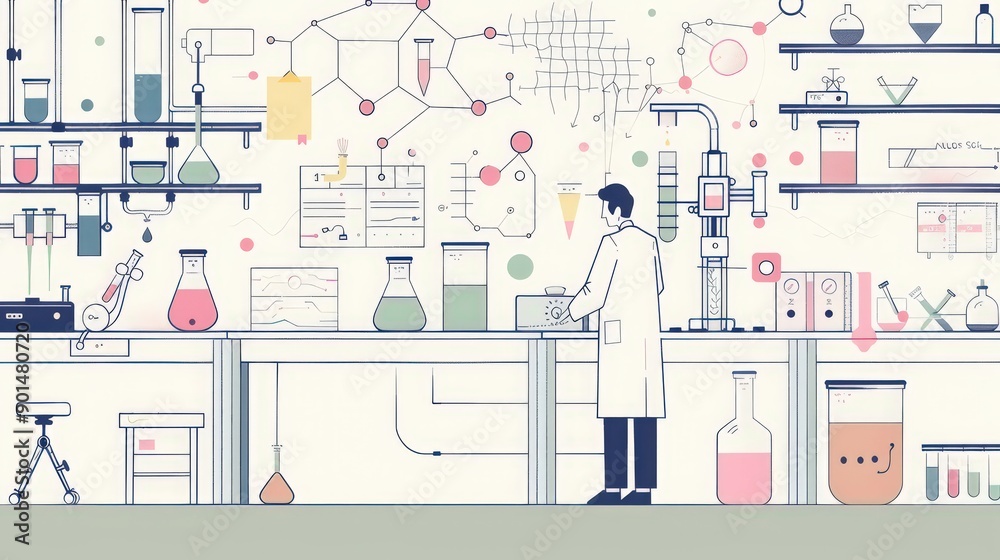 Diagram of a researcher's lab with various scientific method stages visible, including hypothesis development, experimentation, and data analysis Diagram of a researcher's lab with various scientific method stages visible, including hypothesis development, experimentation, and data analysis
