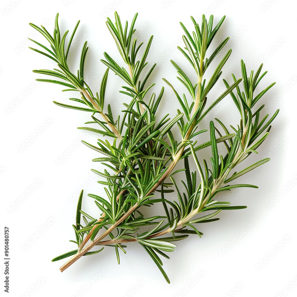 Fototapeta premium Fresh rosemary sprigs isolated on white background. Perfect for culinary or medicinal use.