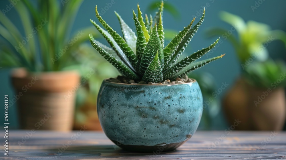 Succulent in Blue Pot on Wooden Table Succulent in Blue Pot on Wooden Table