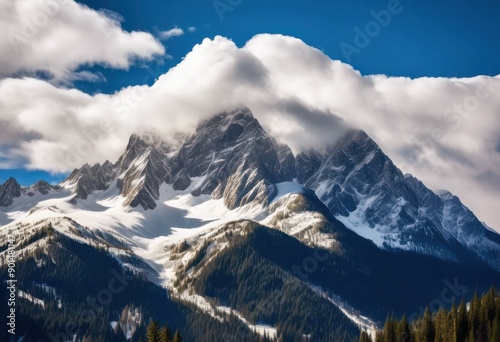 Wallpaper Mural majestic mountain range underneath blanket white clouds peaks slopes, landscape, view, hill, terrain, rock, summit, crag, plateau, panorama, elevation Torontodigital.ca