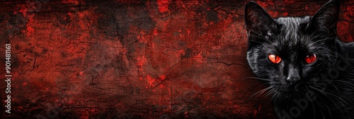 Mysterious black cat with glowing red eyes against a dark, grungy red background. Perfect for Halloween or horror-themed designs.