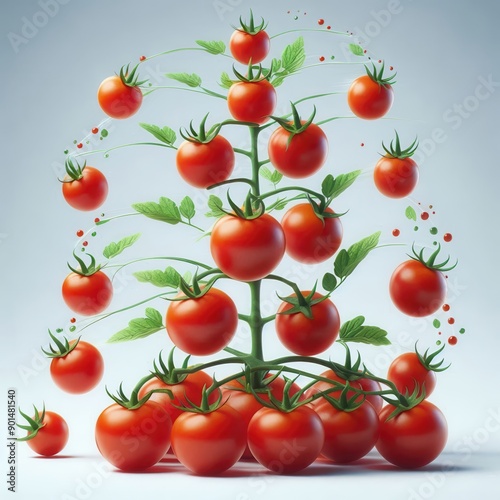 Creative Arrangement of Fresh Tomatoes Surrounded by Green Leaves and Stylized Elements