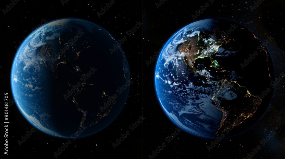 Naklejka premium Earth at Night and Day Comparison