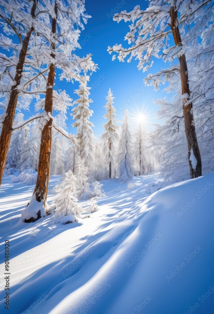 serene snowy landscape pristine trees covered fresh snow under clear blue sky, alpine, snowflakes, winter, frost, ice, nature, evergreen, pine, forest serene snowy landscape pristine trees covered fresh snow under clear blue sky, alpine, snowflakes, winter, frost, ice, nature, evergreen, pine, forest