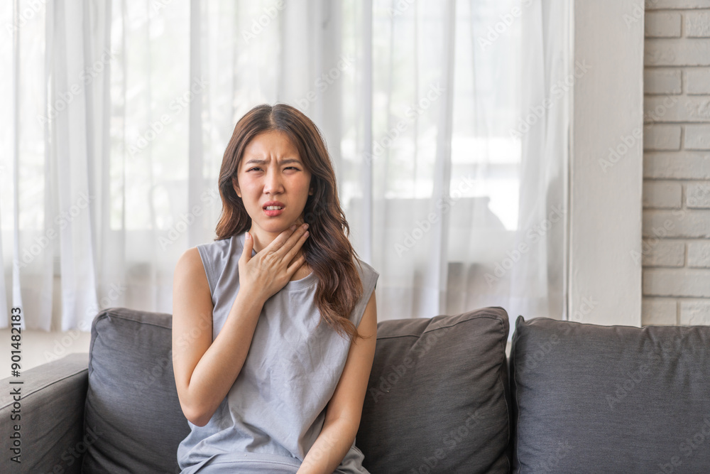 Sick asian women touching neck unwell coughing with sore throat pain,lung cancer,bronchitis,Bronchial Asthma,Tuberculosis,pneumonia,covid-19,eco air pollution pm2.5.insurance and hospital. Sick asian women touching neck unwell coughing with sore throat pain,lung cancer,bronchitis,Bronchial Asthma,Tuberculosis,pneumonia,covid-19,eco air pollution pm2.5.insurance and hospital.