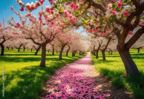 orchard full bloom vibrant blossoms lush greenery serene natural setting, nature, tree, flower, branch, sunlight, pink, white, petal, leaf, garden, landscape © Yaroslava
