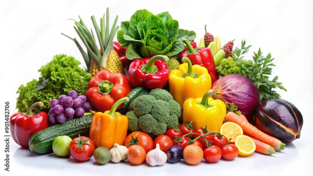 Fresh assorted fruits and vegetables arranged artisticly on a white board with ample copy space around, perfect for healthy eating or grocery advertising concepts. Fresh assorted fruits and vegetables arranged artisticly on a white board with ample copy space around, perfect for healthy eating or grocery advertising concepts.