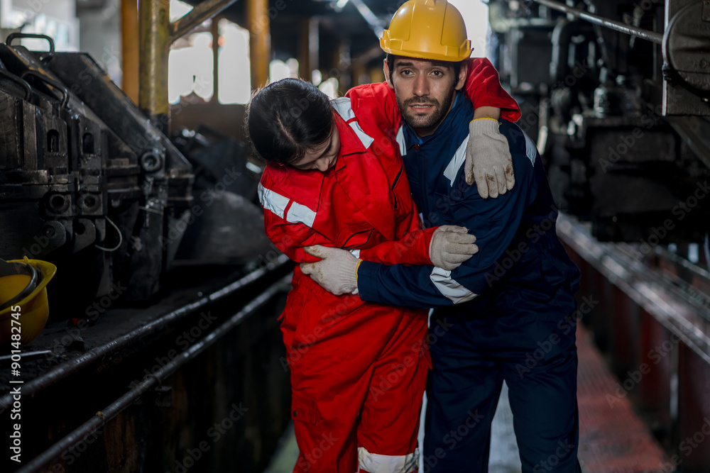 First aid support accident at work of worker at factory. Male worker has an accident on the floor in warehouse site. First aid support accident at work of worker at factory. Male worker has an accident on the floor in warehouse site.