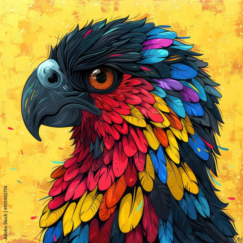 Obraz premium Colorful Bird Portrait with Detailed Feathers and Yellow Background