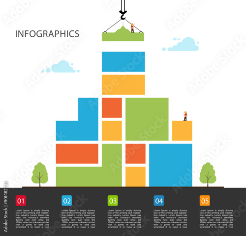 Infographic building business. concept of building success. Crane and building color block. Vector Illustration. template design layout 5 step.