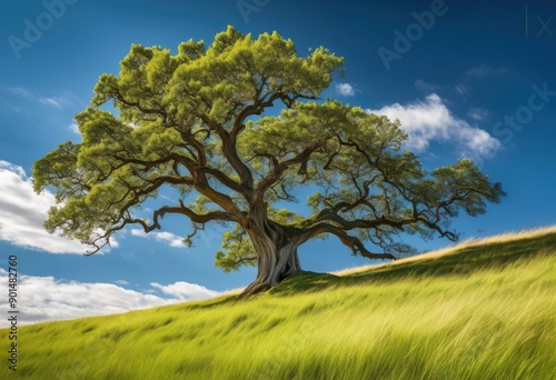 solitary tree standing windswept hill under clear sky rolling green landscape, hilltop, grass, nature, isolated, scenic, meadow, vegetation, blue, daylight